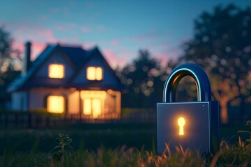 AI-generated illustration of A residential home with a glowing lock in front of it