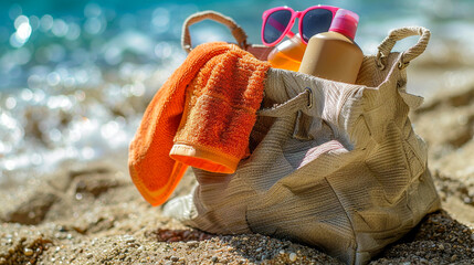 A beach bag overflowing with sun lotion, a novel, and sunglasses, ready for a day by the sea.