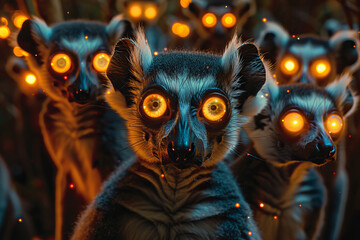A tribe of spectral lemurs, their eyes glowing with wisdom, teaching the secrets of the night - obrazy, fototapety, plakaty