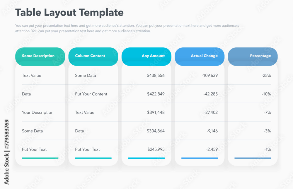 Aufkleber Table layout template with five colorful columns. Simple presentation template for data visualization.