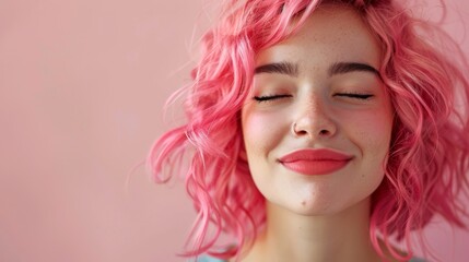 fashion portrait of a beautiful Caucasian woman with bright pink hair. isolated on pink background, copy space