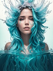 Beautiful girl with blue hair representing the water element. AI-generated.