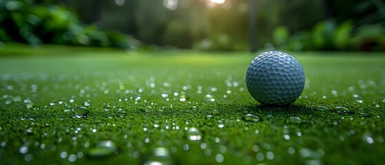 Closeup of a golf ball on a lush green course background. Concept Golf Course, Closeup Shots,...