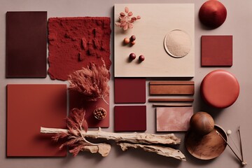 AI-generated layout of wall materials of interior design with mood boards featuring warm color tones