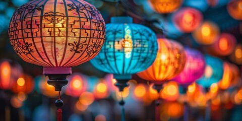 In the vibrant night of an Asian town, silk lanterns illuminate the streets, celebrating tradition