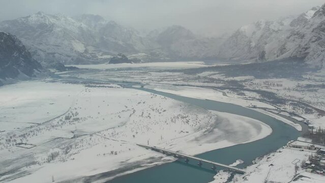 Aerial view of snow covered Skardu city in the northern Pakistan.