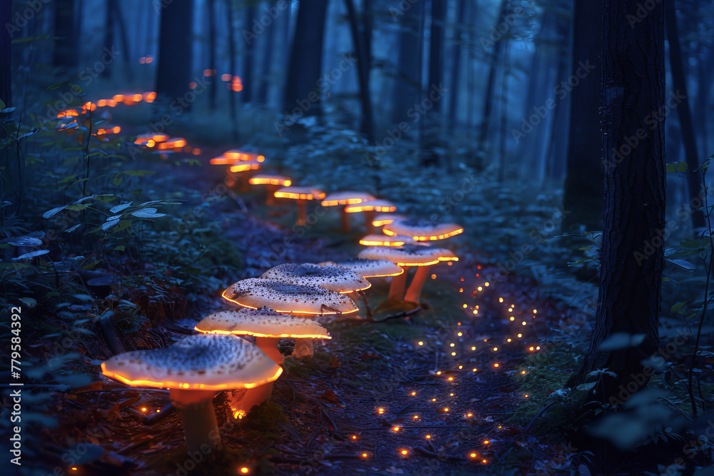 Poster phosphorescent mushrooms forming a glowing trail in an enchanted forest, each spore a tiny light orb