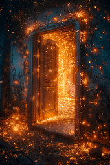 A doorway opening into an infinite space filled with lights and pathways, symbolizing the endless po