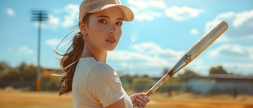 Woman preparing to bat on baseball field during game. Concept Baseball game, Female athlete, Batting preparation, Sports photography, Competitive spirit