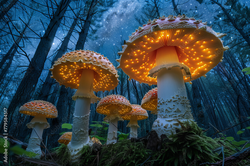 Poster giant puffballs releasing clouds of luminous spores that float upwards, creating a starry sky beneat