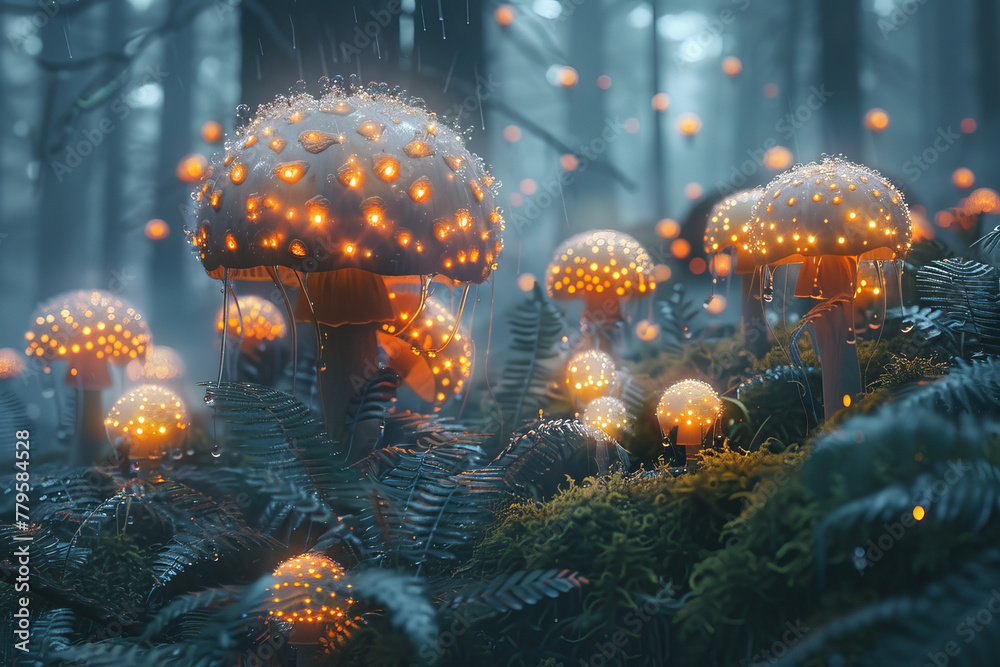 Poster giant puffballs releasing clouds of luminous spores that float upwards, creating a starry sky beneat