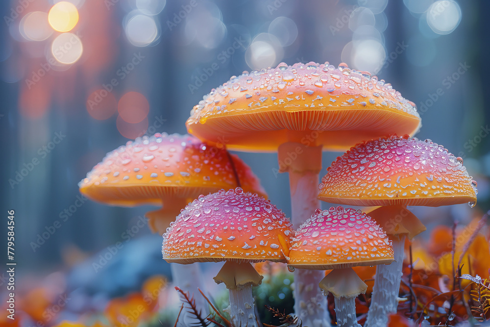 Poster psychedelic toadstools that cause the forest around them to dance and swirl in vivid colors when tou