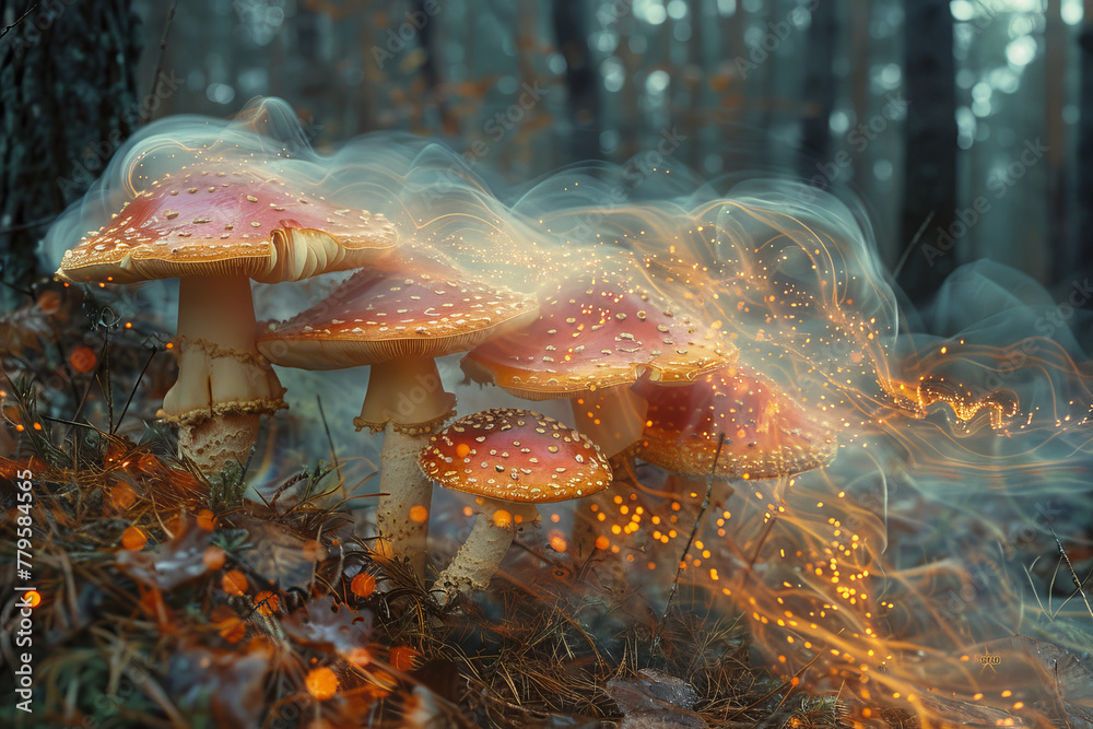 Poster psychedelic toadstools that cause the forest around them to dance and swirl in vivid colors when tou