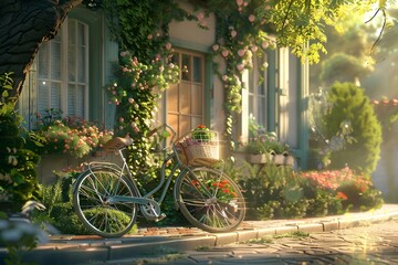 Fototapeta premium AI generated illustration of a bicycle with flowers parked by a building