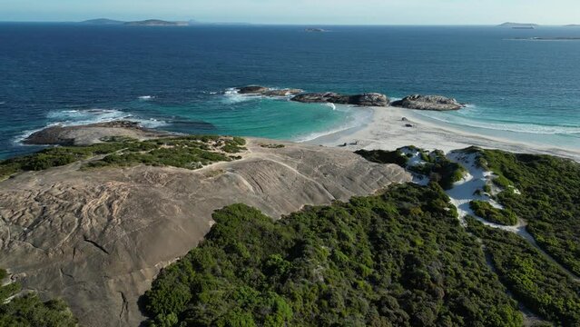 Panoramic aerial footage of Wylie Bay Rock Beach, Esperance, Australia.