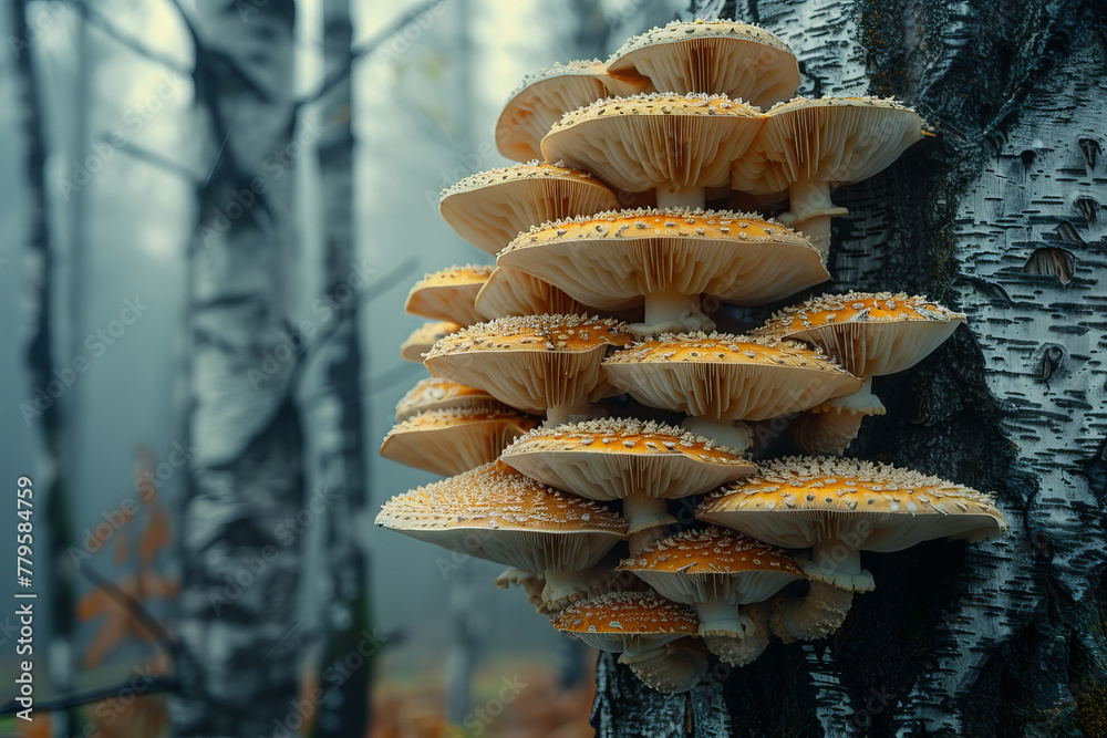 Aufkleber Symbiotic mushrooms on a tree, their patterns forming screens displaying the memories of the forest.