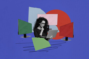 Composite photo collage of serious puzzled businesswoman watch macbook browsing computer monitor screen isolated on painted background