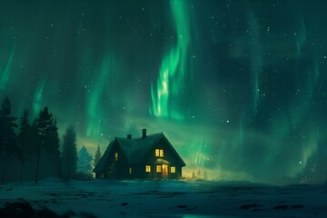 AI generated illustration of a spacious house under beautiful aurora lights at night
