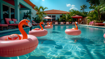 A pool with flamingo floats in it. The pool is surrounded by palm trees and has a pink and white color scheme