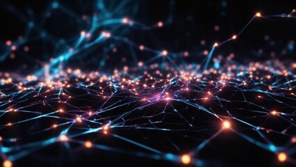 A large data network of glowing digital lights in the dark. Future tech worldwide web wallpaper header illustration concept. A wirefarme information abstract background design. - obrazy, fototapety, plakaty