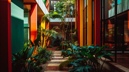 Fototapeta na wymiar interior courtyard with design elements using vibrant colors and lush greenery