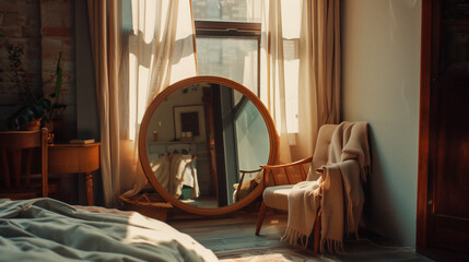 round mirror in the middle of a very cozy loft in New York