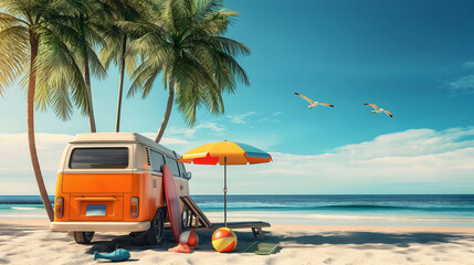 Beach scene with a vintage orange van parked on the sand. The van is accompanied by an umbrella and a surfboard. The sky is clear and the ocean is calm. Concept of relaxation and leisure.