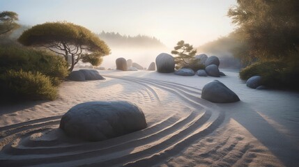 AI generated illustration of a tranquil beach with rocks lined up along the sand against lush trees - obrazy, fototapety, plakaty