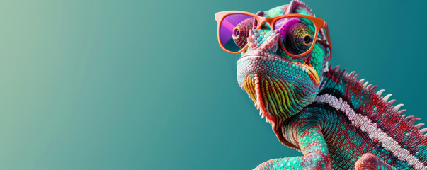 Obraz na płótnie Canvas A colorful chameleon wearing sunglasses on green background with copy space