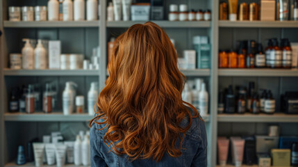 Woman with Vibrant Hair in Front of Haircare Products - AI generated digital art