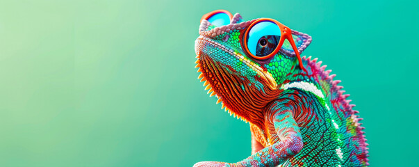 A colorful chameleon wearing sunglasses on green background with copy space