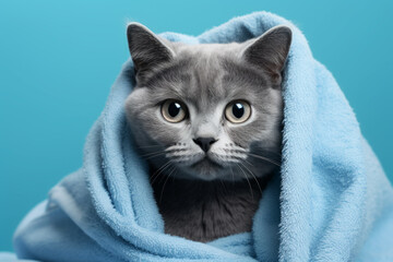 Gato gris envuelto en un toalla azul. - obrazy, fototapety, plakaty