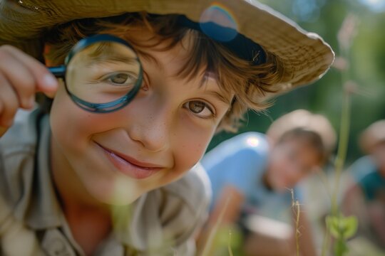 AI generated illustration of a boy at camp outdoors with a magnifying glass