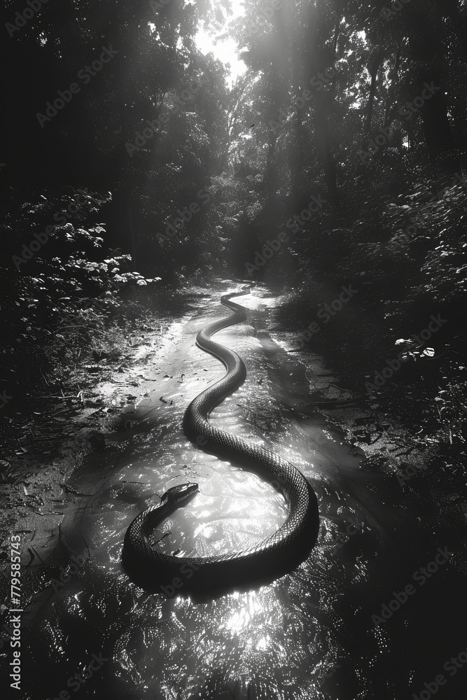 Poster an ethereal snake that floats above the ground, its body casting dreamlike shadows on the paths belo