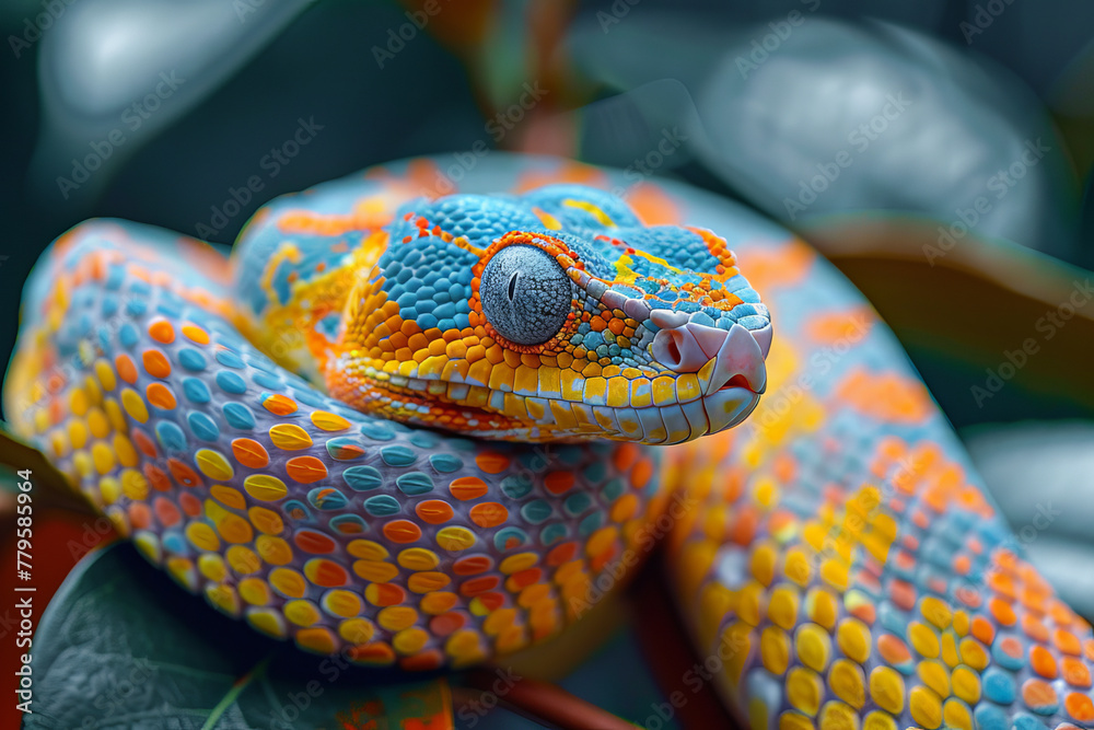 Poster a snake with a chameleon's skin, its body a living canvas displaying the forest's mood through chang