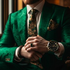 Man in a green suit complimented with a striking golden patterned watch and tie, AI-generated