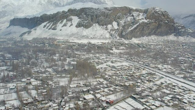 Aerial view of landscape of mountains and city of Skardu in Pakistan..