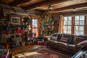 Fototapeta na wymiar hygge concept, living room with couches, fireplace and decorated christmas tree