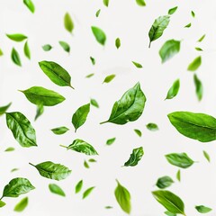 Flying green leaves on transparent background