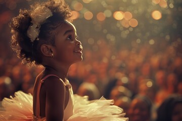 Cute little black girl in a tutu performing on stage girl in a performance, AI-generated. - obrazy, fototapety, plakaty