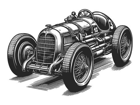 classic vintage race car with exposed engine and spoked wheels, depicting the golden era of racing sketch engraving generative ai raster illustration. Scratch board imitation. Black and white image.