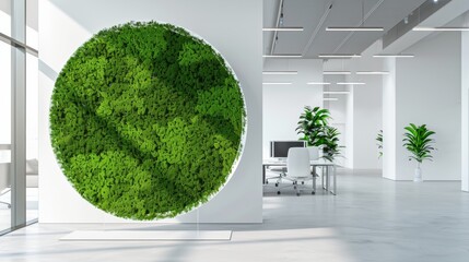 Sleek office interior boasting a large moss art installation promoting a green, sustainable environment