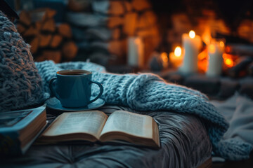 Fototapeta na wymiar hygge concept, a cup of coffee and open book on bed next to fireplace