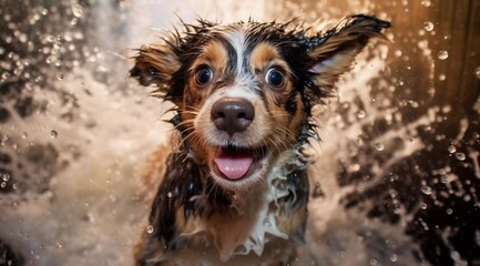 AI-generated illustration of a quirky, black and brown dog standing in the splashing water