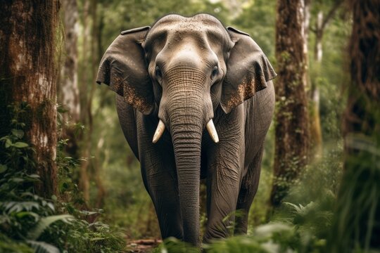  elephant stands calmly amidst the lush green forest. 