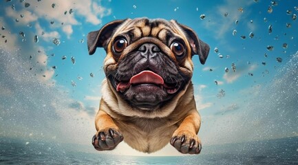 AI-generated illustration of a goofy pug flying in the air above the sea - obrazy, fototapety, plakaty