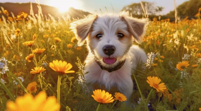 AI-generated illustration of a Jack-A-Poo standing in a grassy field with yellow flowers