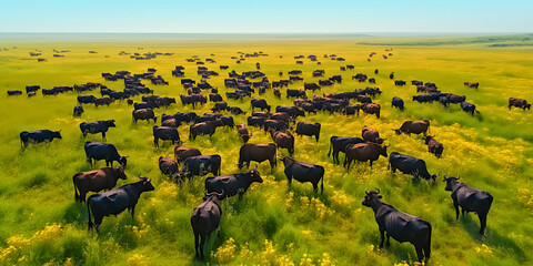 Aerial view of a large herd of black cattle grazing on vibrant green pasture, showcasing rural farm life - Powered by Adobe