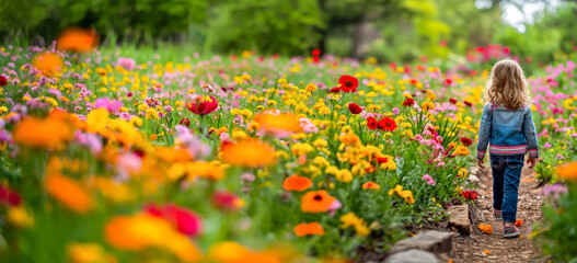 A girl walks down a path in a garden full of flowers