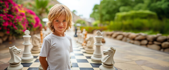 A cheerful young boy stands confidently among oversized chess pieces, the game set in an inviting...